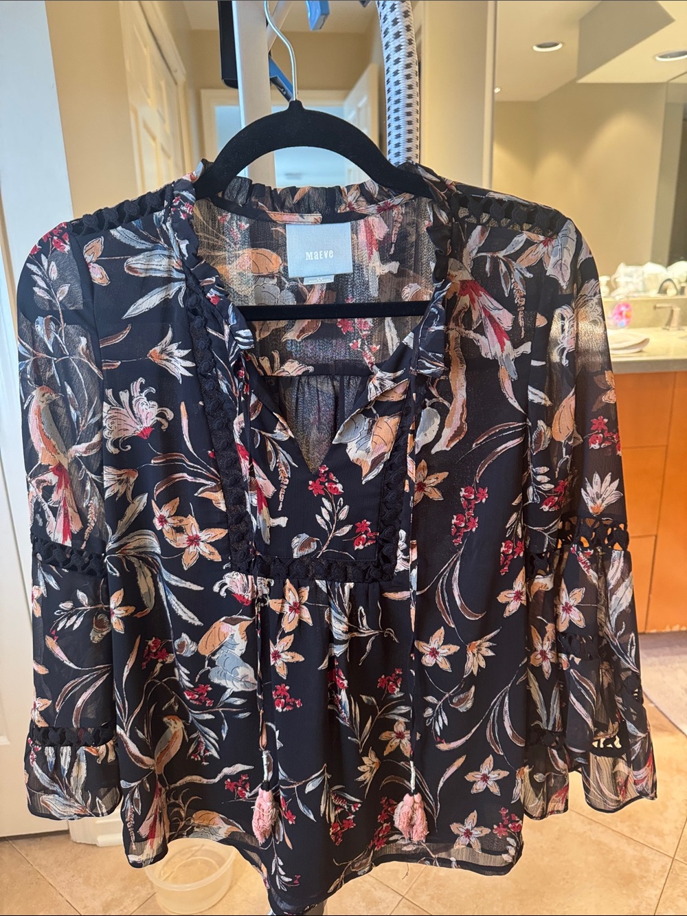 Maeve Black Floral V-Neck Tie-Front Blouse with Tassels